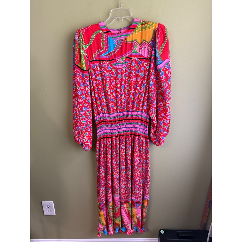 Vintage Diane Freis Georgette Maxi Dress Red Floral Paisley Smocked Pleated 80s